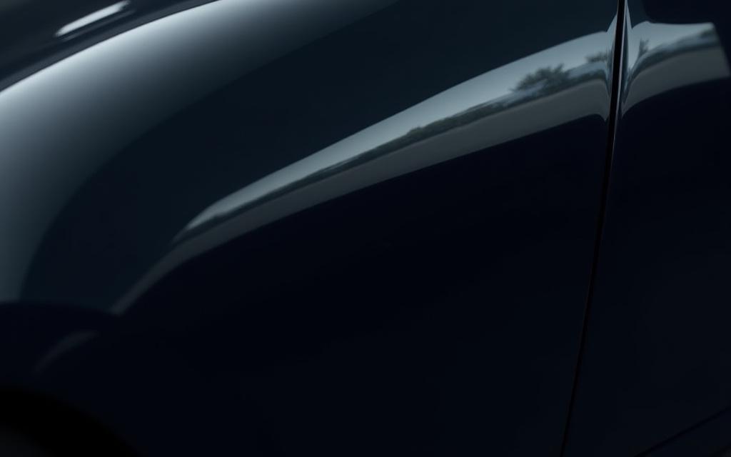 The same car's paintwork looking like a flawless mirror after polishing.